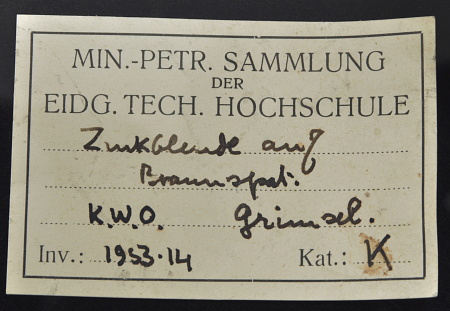 Original ETH-Etikette der Zinkblende-Stufe| (Sammlung ETH-Zürich)