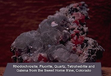 Fluorite and Rhodochrosite, aus der Sweet Home Mine, Alma, Co. Diese Kombination ist sehr typisch für diese Lokalität.