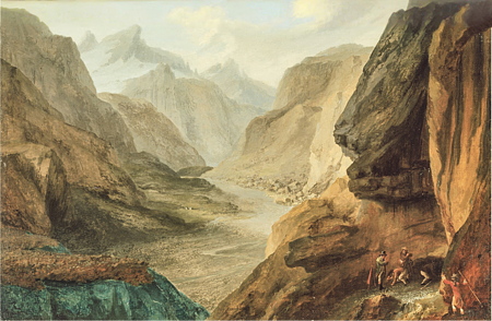 Gemälde von Caspar Wolf 'Kristallhöhle am Zinggenstock', datiert 1775 (Öl auf Leinwand, 54 x 82 cm); Blick nach Osten, rechts sind Strahler an der Arbeit