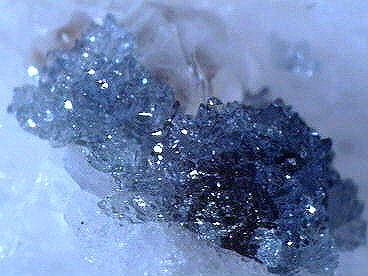 Skorodit (blau) aus der Grube Clara, Deutschland. Kristall ca. 1 mm