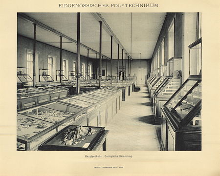 Schausituation der erdwissenschaftlichen Sammlung im Hauptgebäude des Eidgenössischen Polytechnikums um 1910