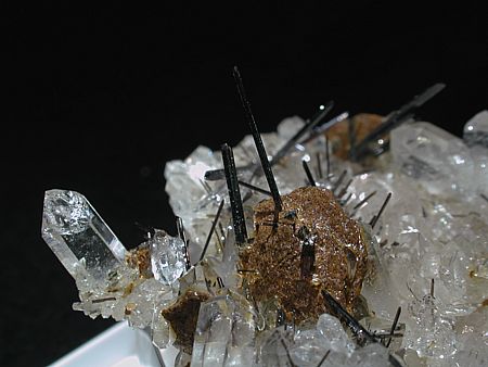 Rutil auf Siderit und Quarz| Lukmanierschlucht, GR; längste Nadel: 23mm, Stufenbreite: 5cm 